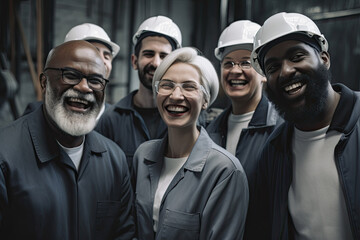 Wall Mural - Portrait of smiling diverse industrial workers in hardhats standing in factory, selective focus, Generative AI