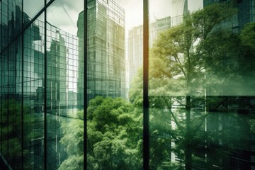 Double exposure of lush green forest and modern skyscrapers windows of building. Green city concept. Generative ai.