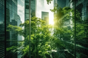 Double exposure of lush green forest and modern skyscrapers windows of building. Green city concept. Generative ai.