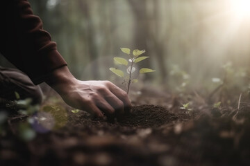 Wall Mural - Hand for planting trees back to the forest. Creating awareness for love wild. Wild plant concept. Generative ai.