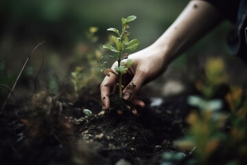 Wall Mural - Hand for planting trees back to the forest. Creating awareness for love wild. Wild plant concept. Generative ai.