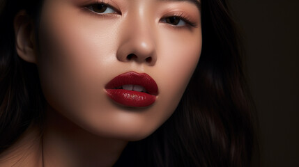  The focus of the photo is on a pair of lips, coated in a glossy lipstick that catches the light. Generative AI image.