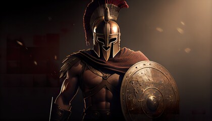 Illustration of spartan warrior in armor with shield (ai generate)