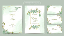 Wedding Invitation Card Template Set. Beautiful Green Flowers And Leaves On Watercolor Background