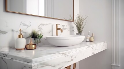 White bathroom interior, empty marble table. Generative AI