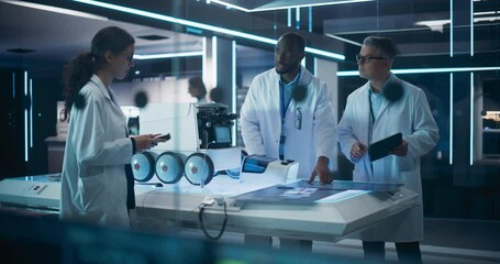 Fototapete - Industrial Robotics Specialists Working on a Mobile Robot, Using a Tablet Computer. Black African Engineer In Lab Coat Discussing an Automated AI Robotic Delivery Assistant with His Creative Team