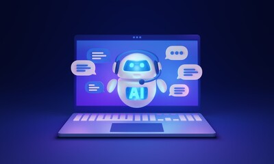 Chatbot AI assistant for automated customer support 3D illustration concept. Chat bot technology with artificial intelligence operator. Digital messages with questions and answers for user or client.