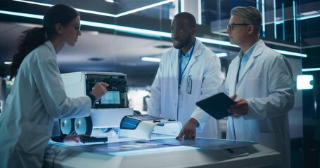 Leinwandbilder - Portrait of a Diverse Team of Industrial Robotics Specialists Working on a Mobile Robot. Engineers In Lab Coats Discussing an Automated Robotic Delivery Assistant with Artificial Intelligence