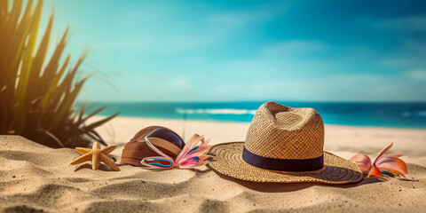 shell shells, starfish, straw hats and sunglasses on the beach.