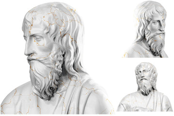 3D render of a saint statue with stone texture and gold accents. Great for religious design projects..