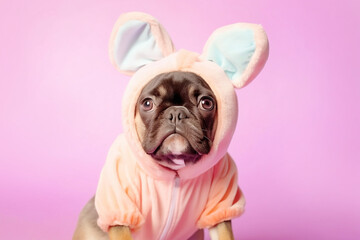 Wall Mural - French Bulldog dog puppy wearing pink Easter bunny hoodie with ears. Generative AI illustration