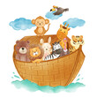 Noah 's ark with many wildlife animals . The flood concept . Realistic watercolor paint with paper textured . Cartoon character design . Vector .