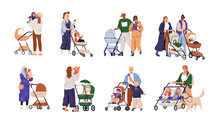 Parents With Babies In Prams Set. Mothers, Fathers Walking With Strollers, Infants Outdoors. Happy Families, Newborn Kids In Pushchairs. Flat Graphic Vector Illustrations Isolated On White Background