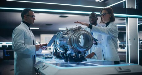 Leinwandbilder - Diverse Multiethnic Team of Industrial Engineers Gathered Around a Table With an Innovative Turbine Engine. Scientists Use Tablet Computer to Research, Develop and Program the Futuristic Motor