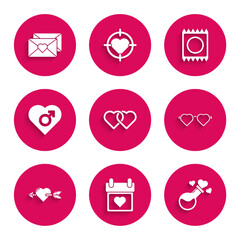 Sticker - Set Two Linked Hearts, Calendar with heart, Bottle love potion, shaped glasses, Amour and arrow, male gender, Condom package and Envelope Valentine icon. Vector