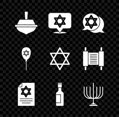 Sticker - Set Hanukkah dreidel, Star of David, Torah scroll, Jewish wine bottle, menorah, Balloon with star david and icon. Vector