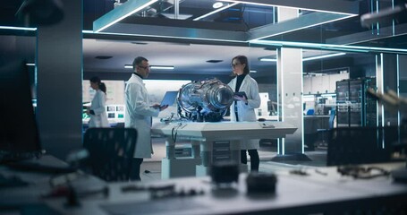 Fototapete - Female Manager Having a Conversation with a Male Engineer About an Industrial Jet Turbine in a Factory Development Workshop. Tech Facility with Machines, Computers and Research Equipment