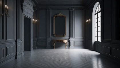 empty vintage luxury room. black walls in retro style. generative ai