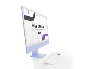 Poster - Web design studio concept with modern display and web design web page interface isolated on white. Keyboard and mouse beside