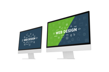 Poster - Web design studio concept with two computer displays and web design inscriptions and icons on them. Isolated on white