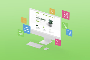Poster - Designing a creative website concept. Display in isometric position with web page modules flying around the display on a green background