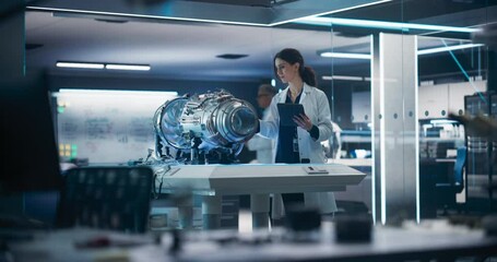 Leinwandbilder - Beautiful Female Industrial Turbine Specialist Standing at a Table With an Innovative Invention. Engineer Using Tablet Computer to Develop a High Tech Prototype Electric Motor