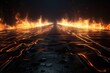 3d rendering, abstract black background with wet long road on fire, blazing flames, Generative AI