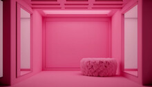 Interior Simple Classic Pink Room With Fur Fluffy Chair. Empty Place, Background. Generative AI