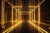 Fototapeta Perspektywa 3d - 3d render, abstract background, corridor, tunnel, virtual reality space, yellow neon lights, fashion podium, club interior, empty warehouse, floor reflection, Generative AI