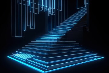 3d render, abstract blue neon background, glowing vertical lines, illuminated stairs, fashion podium