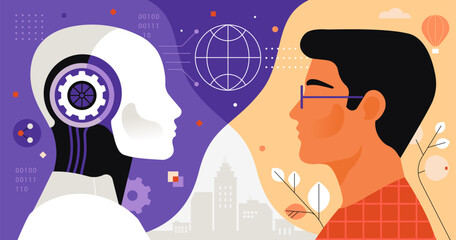 artificial intelligence vs human. vector illustration in a flat style of the robot and a human heads