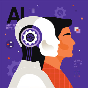 Artificial Intelligence concept. Vector cartoon illustration in a flat simplified style of a robot and human heads in profile. Isolated on dark blue background with gears, programming codes, etc.