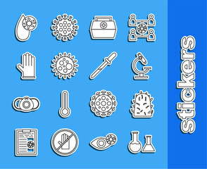 Sticker - Set line Test tube and flask, Rabies virus, Microscope, First aid kit, Virus, Medical rubber gloves, Blood test and Pipette icon. Vector