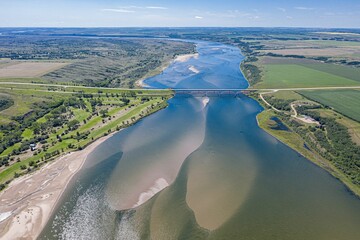 Poster - Aerial view over The Sky Trail Bridge by Lake Diefenbaker in Saskatchewan, Canada