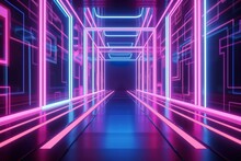 3d Render, Pink Violet Blue Neon Abstract Background, Ultraviolet Light, Night Club Empty Room Interior, Tunnel Or Corridor, Glowing Panels, Fashion Podium,Generative AI