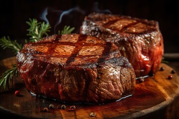 Wall Mural - Juicy Beef steaks, grilled roast on rustic plate. Generative AI