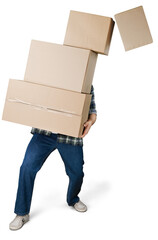 Wall Mural - Delivery man carrying stacked boxes in front of face against white background