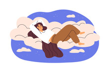 Happy Woman Sleeping On Soft Cloud. Girl Lying, Relaxing In Sky, Heaven, Asleep. Healthy Dream, Rest. Relaxation, Calmness Concept. Flat Graphic Vector Illustration Isolated On White Background