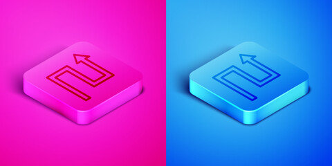 Poster - Isometric line Arrow icon isolated on pink and blue background. Direction Arrowhead symbol. Navigation pointer sign. Square button. Vector