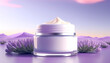 Cosmetic jar with cream surrounded with lavender for a beauty product showcase and presentation. AI generated illustration for a cream container display with fresh and stylish background scene