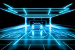 Neon outlined sports car. Automobile blueprint in 3d perspective. Ai generative illustration with holographic auto on dark background
