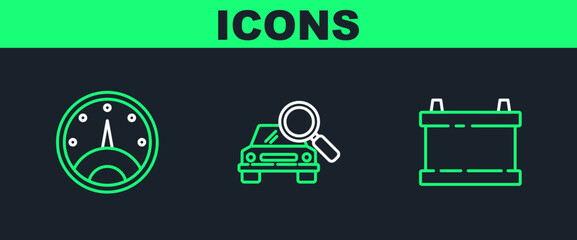 Sticker - Set line Car battery, Speedometer and search icon. Vector