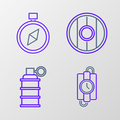 Sticker - Set line dynamite stick and timer clock, Hand grenade, Round wooden shield and Compass icon. Vector