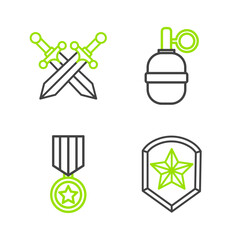 Sticker - Set line Police badge, Military reward medal, Hand grenade and Crossed medieval sword icon. Vector