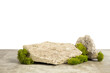 Podium embossed stone and green moss for the presentation of products  on a transparent background. Natural style	