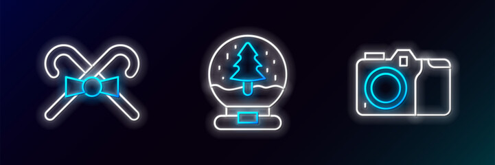 Sticker - Set line Photo camera, Christmas candy cane and snow globe icon. Glowing neon. Vector