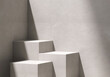© Sue Tansirimas - Three square geometric design step concrete podium in sunlight, shadow on gray cement corner wall loft style for modern luxury beauty, cosmetic, organic, fashion product display background 3D