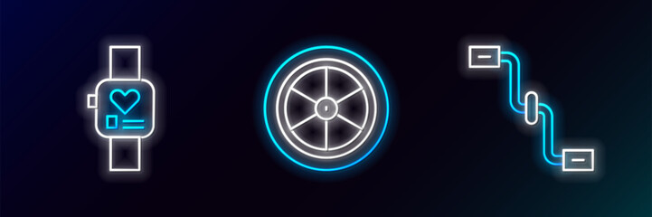 Poster - Set line Bicycle pedals, Smart watch and wheel icon. Glowing neon. Vector