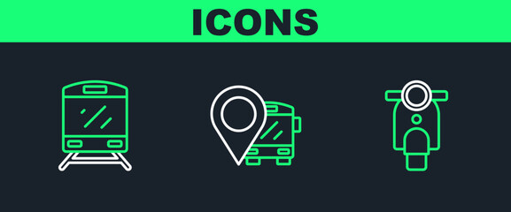 Sticker - Set line Scooter, Train and Location with bus icon. Vector