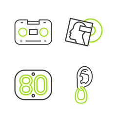 Sticker - Set line Ear with earring, 80s Retro, Vinyl disk and audio cassette tape icon. Vector